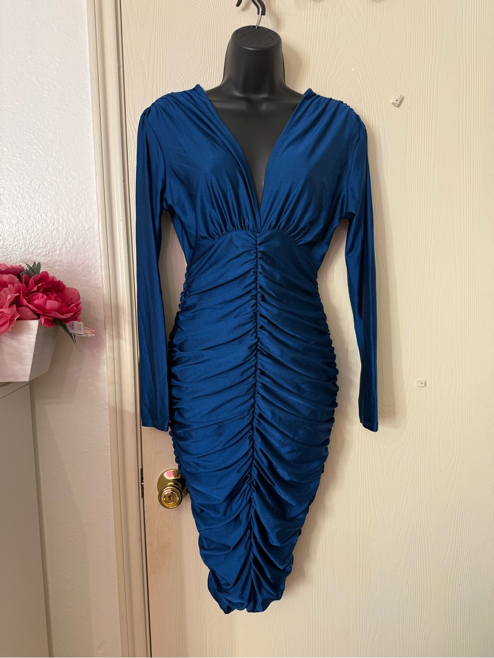 Ruched Deep V-Neck Midi Dress in Deep Teal Blue